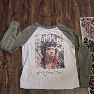 Jimi Hendrix 67 Long Sleeve T-Shirt Oatmeal And Dark Lichen/ Olive Green. GUC